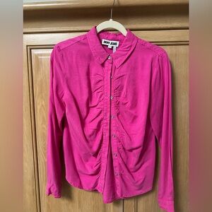 Women’s Size Small, DKNY Jeans Fuchsia Ruffle-Front Button Shirt